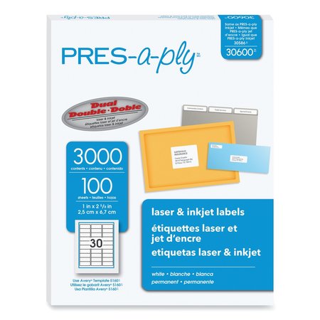 PRES-A-PLY Labels, Laser Printers, 1 x 2.63, White, PK3000 30600